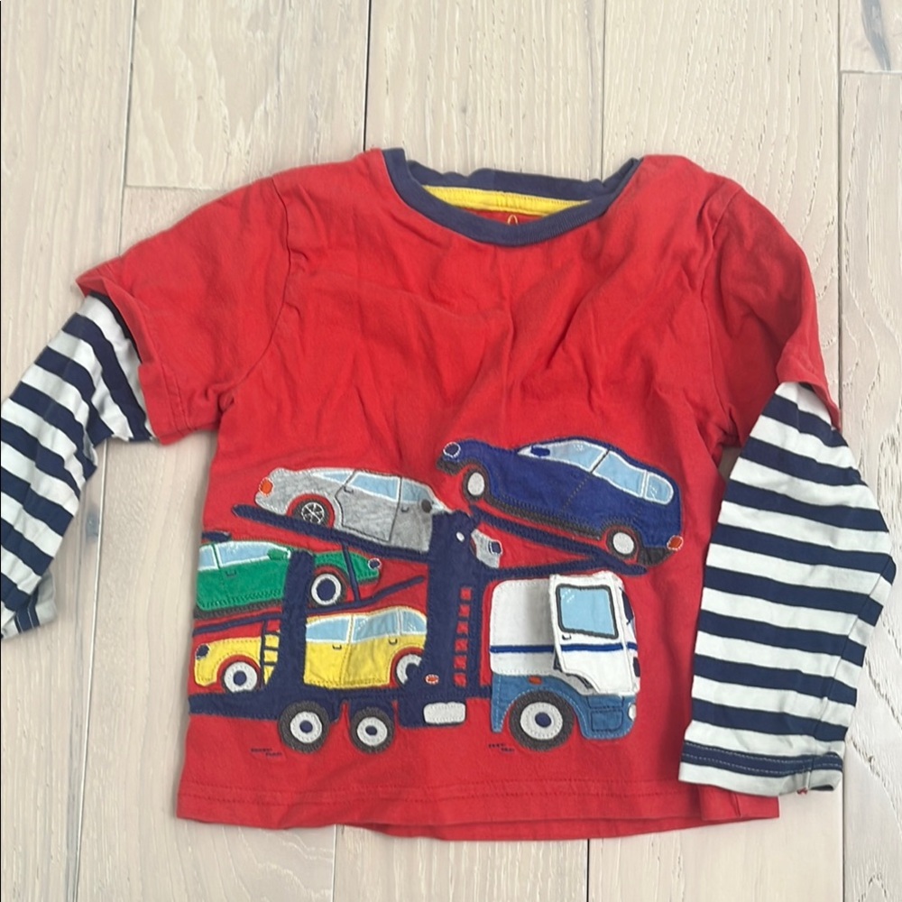 Mini Boden 3-4 Appliqué Long Sleeve Shirt with Car Design